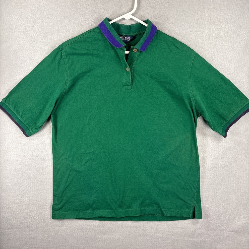 Vintage Lands End Polo Large Green Purple Trim Short Sleeve Cotton Faded